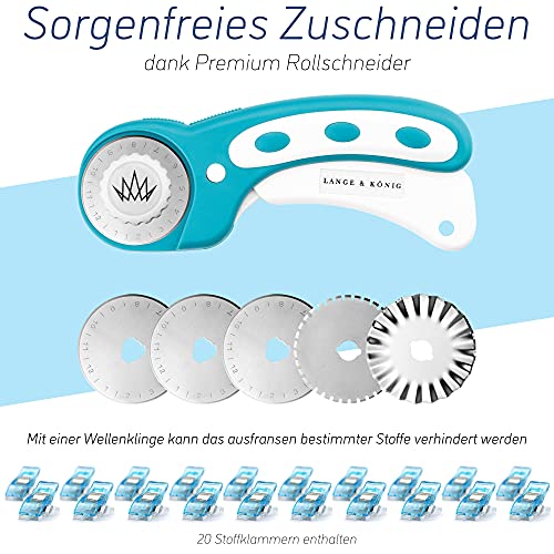 Lange & König Kit de Cuter Rotativo en 3 diferentes Tamaños [A1, A2, A3] incluye Base de Corte, Cortador Rotativo, 5 Cuchillas de Repuesto, Regla de Patchwork + 20 Pinzas Costura (Azul, A1)