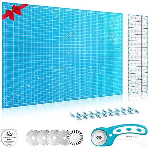 Lange & König Kit de Cuter Rotativo en 3 diferentes Tamaños [A1, A2, A3] incluye Base de Corte, Cortador Rotativo, 5 Cuchillas de Repuesto, Regla de Patchwork + 20 Pinzas Costura (Azul, A1)