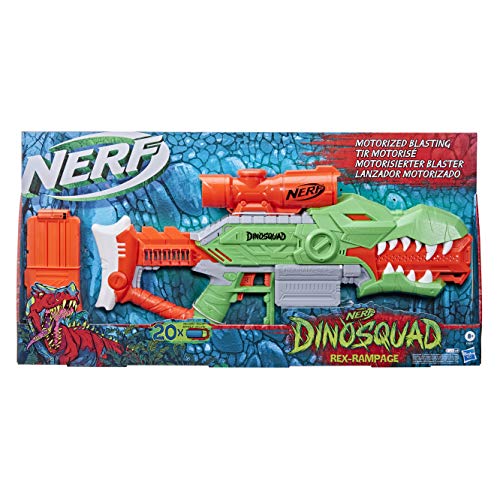 Lanzador de Dardos motorizado Nerf DinoSquad Rex-Rampage, Clip de 10 Dardos, 20 Dardos Nerf, Porta-Dardos de 10 Dardos, diseño de dinosario T-Rex