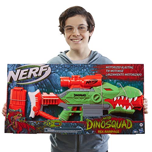 Lanzador de Dardos motorizado Nerf DinoSquad Rex-Rampage, Clip de 10 Dardos, 20 Dardos Nerf, Porta-Dardos de 10 Dardos, diseño de dinosario T-Rex