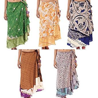 Las mujeres indias largo abrigo falda 2 capas Cover-Ups traje de baño playa abrigo falda al por mayor lote arte seda magia Wrap mujer impreso estilo