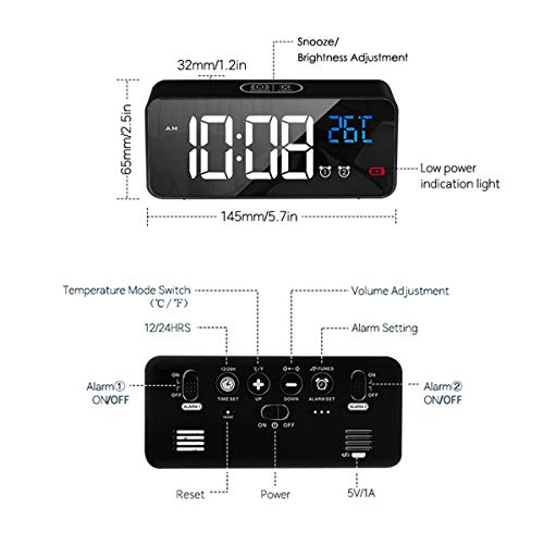 LATEC Reloj Despertador Digital, LED Pantalla Reloj Alarma Inteligente con Temperatura, Puerto de Carga USB, 12/24 Horas, 4 Brillo Ajustable, Función Snooze y Alarma de Espejo Portátil (Negro)