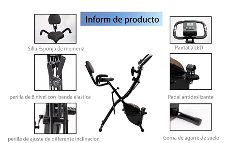 LAZY SPORTS Bicicleta estática spinning plegable con bandas de ejercicos, magnetorresistencia de nivel 8, asiento con apoyabrazos y respaldo, soporte para tablet, pantalla LCD, carga máx.150Kg