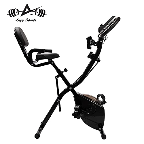 LAZY SPORTS Bicicleta estática spinning plegable con bandas de ejercicos, magnetorresistencia de nivel 8, asiento con apoyabrazos y respaldo, soporte para tablet, pantalla LCD, carga máx.150Kg