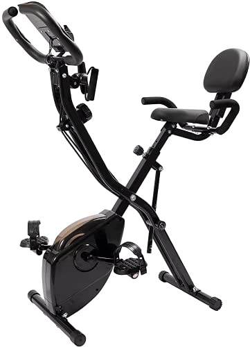 LAZY SPORTS Bicicleta estática spinning plegable con bandas de ejercicos, magnetorresistencia de nivel 8, asiento con apoyabrazos y respaldo, soporte para tablet, pantalla LCD, carga máx.150Kg