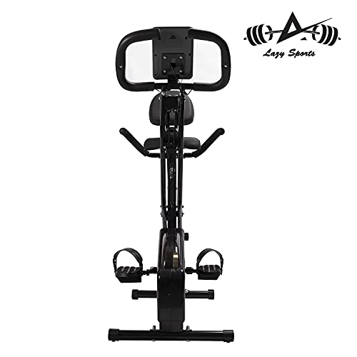 LAZY SPORTS Bicicleta estática spinning plegable con bandas de ejercicos, magnetorresistencia de nivel 8, asiento con apoyabrazos y respaldo, soporte para tablet, pantalla LCD, carga máx.150Kg