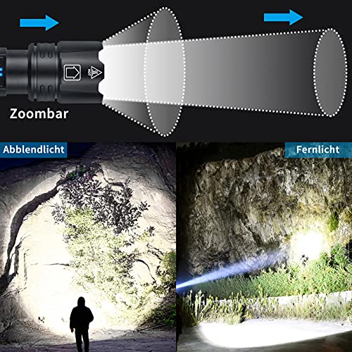 LED Linterna Recargable Alta Potencia, CREE XHP70.2 Linterna LED de 10000 Lúmenes Extremadamente Brillante, IPX67 Impermeable, 5 Modos de Luz, Linterna Táctica con Zoom, para Camping, Emergencias