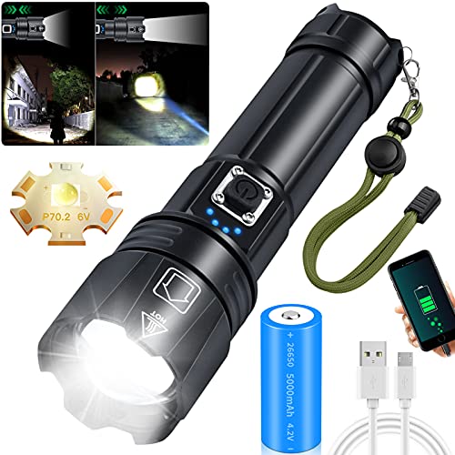 LED Linterna Recargable Alta Potencia, CREE XHP70.2 Linterna LED de 10000 Lúmenes Extremadamente Brillante, IPX67 Impermeable, 5 Modos de Luz, Linterna Táctica con Zoom, para Camping, Emergencias