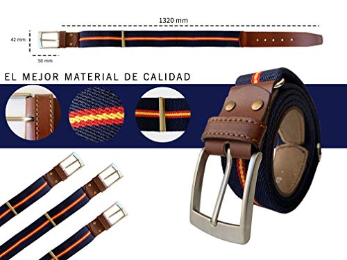 LEGADO Cinturon hombre y pulsera bandera España, cinturon elastico con cuero marron, Piel de Ubrique como nuestras carteras y accesorios. (Marino con Bandera España)