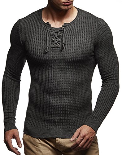 Leif Nelson suéter de Jersey de Punto Fino de Cuello Redondo de los Hombres de LN-1605 Antracita Negro X-Large