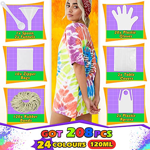 lenbest 208 PCS Tie Dye Kit, 24 Colores Tie Dye DIY Kit, 100 Ml Tinta Teñido Anudado para Teñir Telas, Kit de Pintura Textil de Ropa de Moda DIY, Arte Creativa y Artesanía para Adulto y Niño