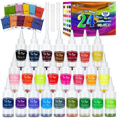 lenbest 208 PCS Tie Dye Kit, 24 Colores Tie Dye DIY Kit, 100 Ml Tinta Teñido Anudado para Teñir Telas, Kit de Pintura Textil de Ropa de Moda DIY, Arte Creativa y Artesanía para Adulto y Niño