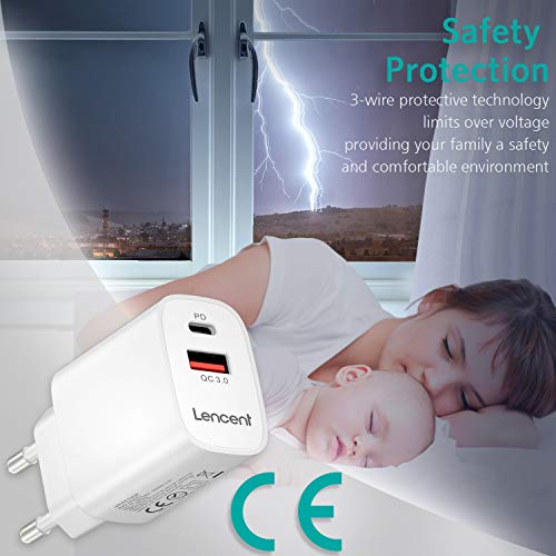 LENCENT Cargador Enchufe USB C [Certificado MFi-PD], 18W Cargador Rapido de Pared,Cargador Móvil Power Delivery 4.0 y USB QC 3.0 Carga Rápida para iPhone 12-8 Serie, iPad Pro, Galaxy, Huawei, Switch