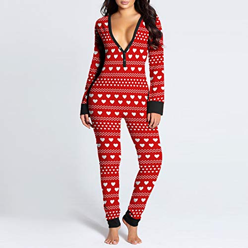 Lenfesh Sexy Pijama Mono para Mujer,Señora Pijama Traje Trasero Abierto Culo Loungewear Manga Larga Funcional Mono con Solapa Abotonada