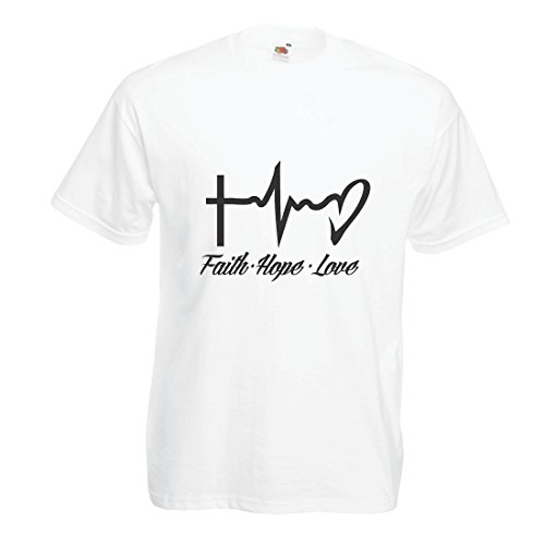 lepni.me Camisetas Hombre Fe - Esperanza - Amor - 1 Corintios 13:13, Citas cristianas y proverbios, Refranes religiosos (Large Blanco Multicolor)