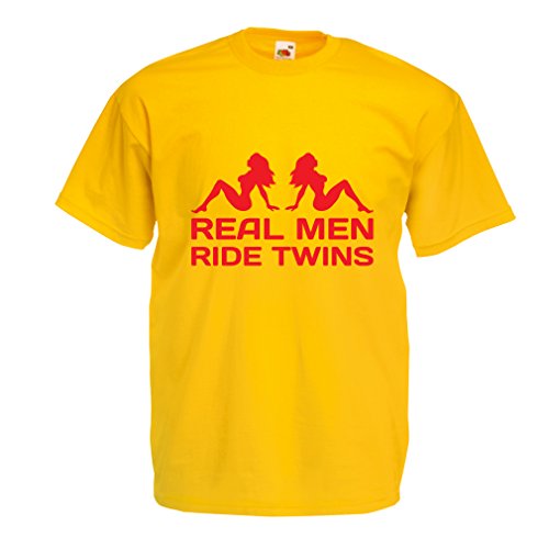 lepni.me Camisetas Hombre Los Verdaderos Hombres montan Gemelos - Citas de Motos, Humor para Adultos, Refranes para Gemelos Graciosos (Large Amarillo Rojo)