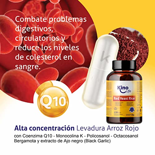 Levadura ARROZ ROJO Fermentado con Monacolina K | 30 mg de Coenzima Q10 (ubiquinona) | POLICOSANOL | Ajo Negro | Bergamota | Octacosanol | 120 cápsulas Veganas | Ayuda a Regular niveles Colesterol