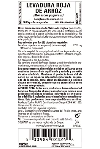 Levadura Roja de Arroz 60 cápsulas de 600 mg de Solgar