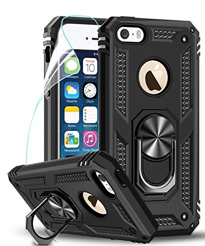 LeYi Funda iPhone SE/5S/5 Armor Carcasa con 360 Anillo iman Soporte Hard PC y Silicona TPU Bumper antigolpes Fundas Carcasas Case para movil iPhone SE/5S/5 con HD Protector de Pantalla,Negro