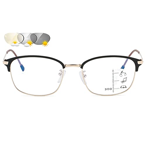 LGQ Gafas de Lectura fotocromáticas para Hombres, Montura metálica multifocal progresiva, Gafas ópticas para presbicia, Gafas de Sol para Exteriores, dioptrías de +1,00 a +3,00,Oro,+1.50