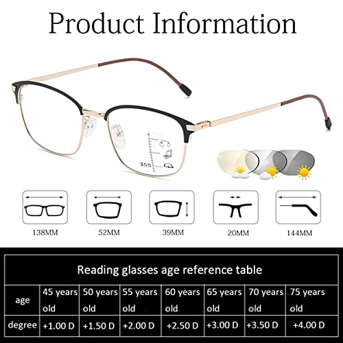 LGQ Gafas de Lectura fotocromáticas para Hombres, Montura metálica multifocal progresiva, Gafas ópticas para presbicia, Gafas de Sol para Exteriores, dioptrías de +1,00 a +3,00,Oro,+1.50
