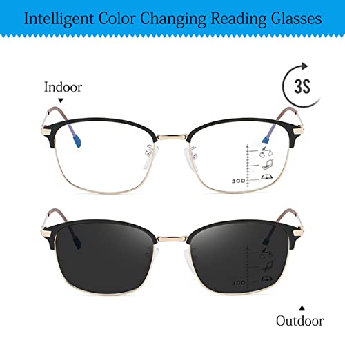 LGQ Gafas de Lectura fotocromáticas para Hombres, Montura metálica multifocal progresiva, Gafas ópticas para presbicia, Gafas de Sol para Exteriores, dioptrías de +1,00 a +3,00,Oro,+1.50
