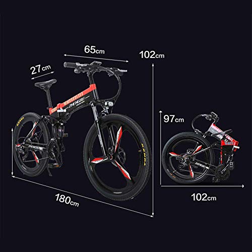 L.HPT Bicicleta de montaña eléctrica Bicicleta Plegable para Hombre 26 Pulgadas 27 48V10Ah batería de Litio Bicicleta para Adultos Carga máxima 150 kg Resistencia 90 km Negro + Rojo