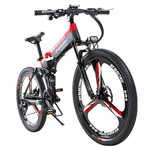 L.HPT Bicicleta de montaña eléctrica Bicicleta Plegable para Hombre 26 Pulgadas 27 48V10Ah batería de Litio Bicicleta para Adultos Carga máxima 150 kg Resistencia 90 km Negro + Rojo