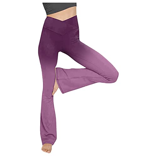 Liably Leggings de cintura alta para mujer, push-up, sexy, pantalones de yoga, cruzados, pernera ancha, pantalones de entrenamiento, estiramientos, ocio, morado, XXXL