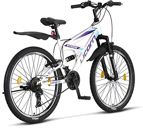 Licorne Strong Bike - Bicicleta de montaña prémium de 26 Pulgadas, para niños, niñas, Mujeres y Hombres, Cambio de 21 velocidades, suspensión Completa, Blanco/Morado, 66,04 cm