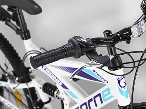 Licorne Strong Bike - Bicicleta de montaña prémium de 26 Pulgadas, para niños, niñas, Mujeres y Hombres, Cambio de 21 velocidades, suspensión Completa, Blanco/Morado, 66,04 cm