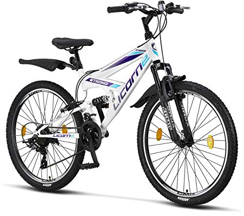 Licorne Strong Bike - Bicicleta de montaña prémium de 26 Pulgadas, para niños, niñas, Mujeres y Hombres, Cambio de 21 velocidades, suspensión Completa, Blanco/Morado, 66,04 cm