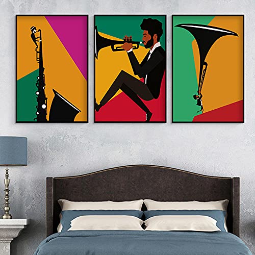 Lienzo Arte de la pared Cartel de trompeta colorido Instrumentos vintage Imagen de arte de pared Impresión de música clásica de jazz Decoraciónación del festival en casa/40x60cmx3 Sin marco