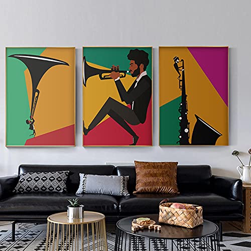 Lienzo Arte de la pared Cartel de trompeta colorido Instrumentos vintage Imagen de arte de pared Impresión de música clásica de jazz Decoraciónación del festival en casa/40x60cmx3 Sin marco