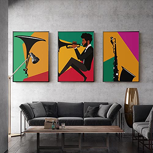 Lienzo Arte de la pared Cartel de trompeta colorido Instrumentos vintage Imagen de arte de pared Impresión de música clásica de jazz Decoraciónación del festival en casa/40x60cmx3 Sin marco