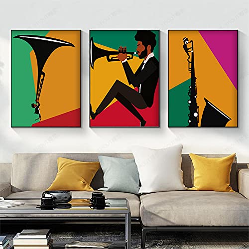 Lienzo Arte de la pared Cartel de trompeta colorido Instrumentos vintage Imagen de arte de pared Impresión de música clásica de jazz Decoraciónación del festival en casa/40x60cmx3 Sin marco