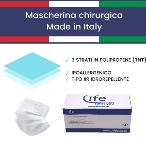 Life Italia Mascarillas quirúrgicas con certificación 50 de 3 capas Tipo II R, fabricadas en Italia, alta eficiencia de filtrado