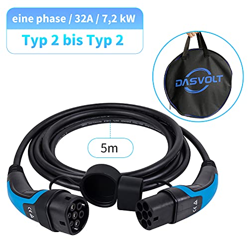 lighteu, DasVolt® EV/Cable de Carga para vehículos eléctricos e híbridos | Tipo 2 a Tipo 2 | 32 amperios (7,2 kW) / una Fase | Cable de Carga doméstico de 5m IP55