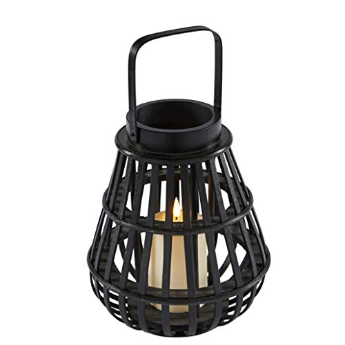 Lights4fun Farol en Bambu Negro de 26cm con Vela TruGlow® LED Blanco Cálido a Pilas para Exteriores