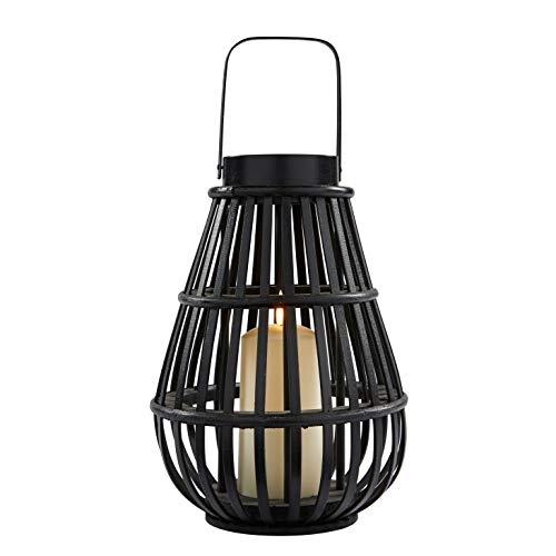 Lights4fun Farol en Bambu Negro de 26cm con Vela TruGlow® LED Blanco Cálido a Pilas para Exteriores