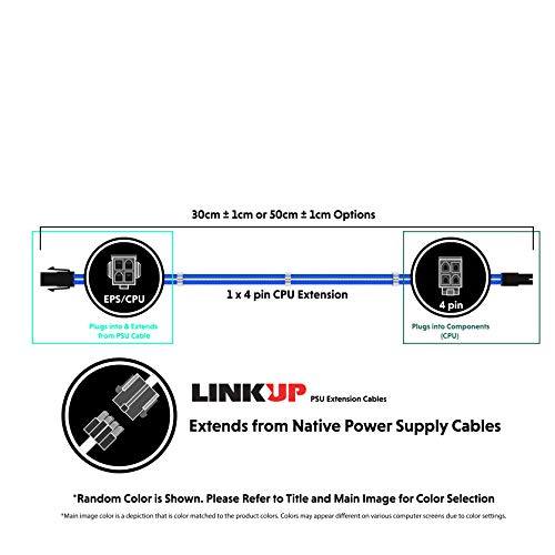 LINKUP - 50cm 4 Pines CPU ATX Placa Base PSU Fuente de Alimentación Cable de Extensión de PC Personalizado con Mangas Trenzadas con Peines┃Un Solo Paquete┃500mm - Azul