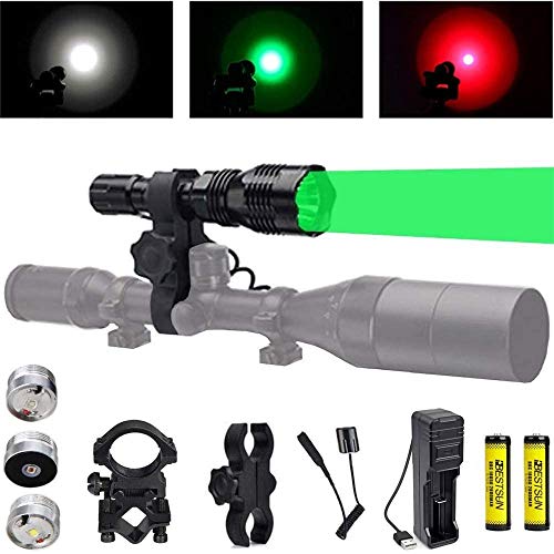 Linterna de caza con LED verde rojo blanco, luz de depredador de 350 yardas con interruptor de presión, montaje de rifle montaje de alcance para cerdos Coyotes Varmints Mapaches Coon Deer noche caza