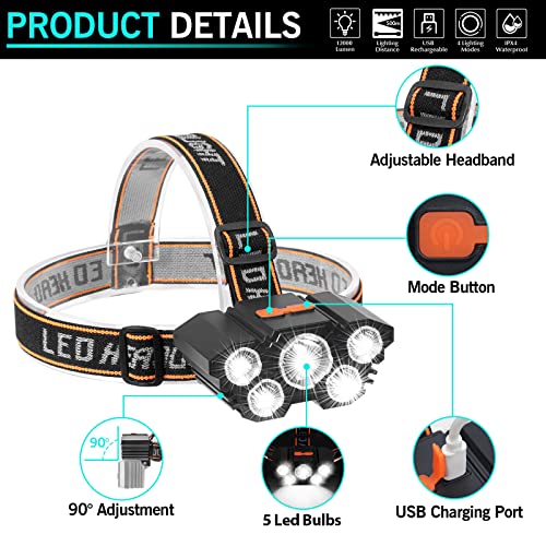 Linterna Frontal LED Recargable Alta Potencia, Linterna Cabeza con 3 Modos, Alcance de 100M, luz para bicicleta conImpermeable IPX4 para Casco, Pesca, Bicicleta, Camping y Caza