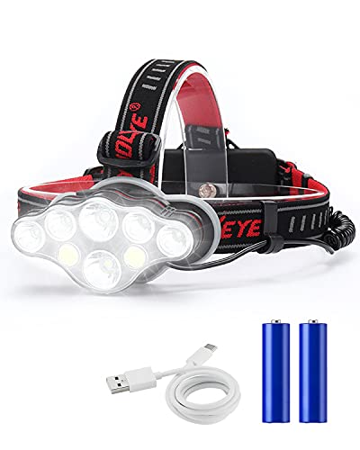 Linterna Frontal Recargable - Súper brillante 18000 Lúmenes 8 Modos de Iluminación, Linterna LED recargable para la cabeza, linterna de manos libres para el camping, la pesca, el senderismo, IPX5