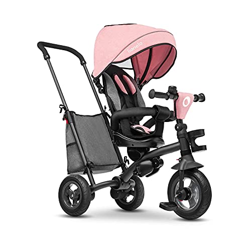 LIONELO Tris Bicicleta 2 en 1 Niño hasta 25 kg 12-60M Triciclo y carrito- bicicleta Cinturones de 3 puntos con fundas Regulación gradual del respaldo de 3 niveles Rosa y Gris