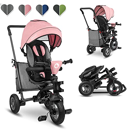 LIONELO Tris Bicicleta 2 en 1 Niño hasta 25 kg 12-60M Triciclo y carrito- bicicleta Cinturones de 3 puntos con fundas Regulación gradual del respaldo de 3 niveles Rosa y Gris