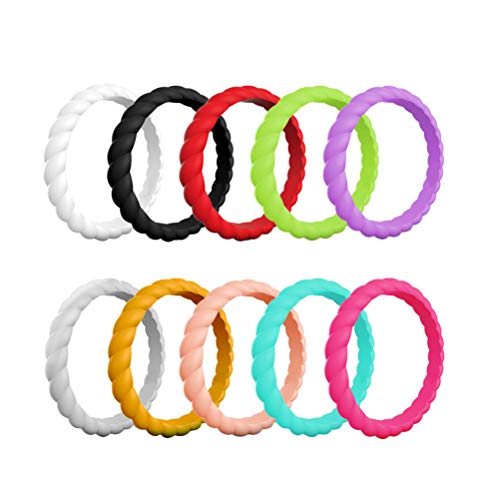 LIOOBO 10pcs Colores Mezclados 3 mm Anillos de Boda de Silicona Fina para Las Mujeres, Bandas de Boda de Goma Trenzada Fina Anillo apilable, Silicona hipoalergénica