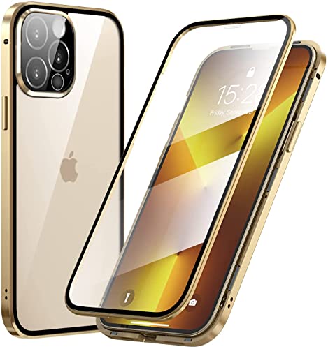 LIUKM Funda para iPhone 13 Pro MAX Magnetica Adsorption Carcasa 360 Grados Protección Metal Choque Frente y Parte Posterior Vidrio Templado - (Oro)