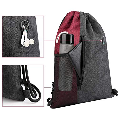 LIVACASA Mochilas de Cuerdas Mujer Hombre Toma USB para Auriculares con Bolsillos Mallas para Botellas Tela Oxford Bolsa de Cuerdas Mochilas Impermeables para Yoga Gimnasio Deportes Burdeos 43 * 33cm