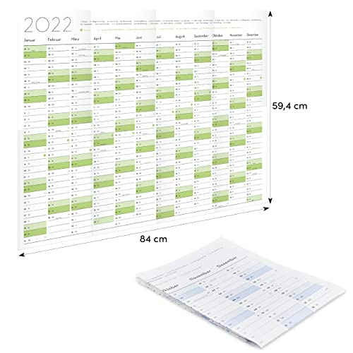 LIVAIA - Calendario de pared 2022 grande - Práctico planificador anual 2022 verde y azul en DIN A1 con parte delantera y trasera - Plegado - Agenda de oficina